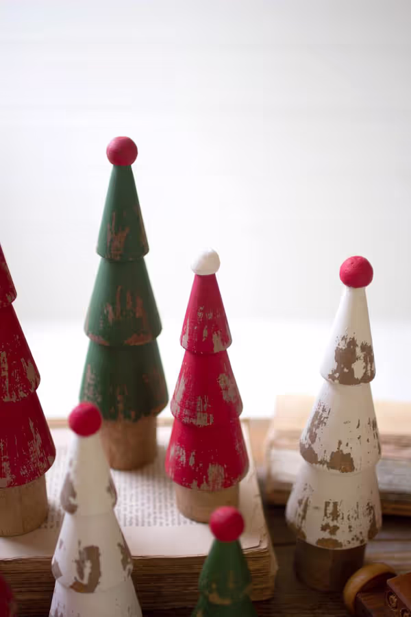Set of 9 Turned Wood Painted Christmas Trees