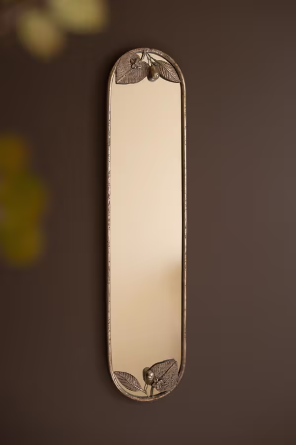 Tall Rustic Metal Framed Mirror with Leaf and Fruit Detail
