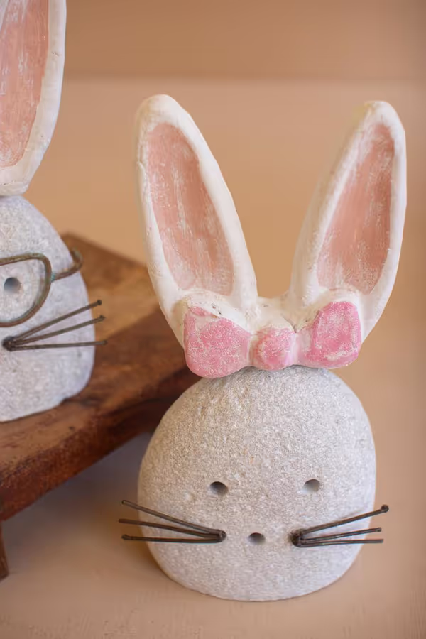 Set of 2 White-Wash Clay and River Rock Bunnies
