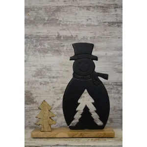 Aluminum Black Snowman with Mango Wood Tree 9x10.25in 3
