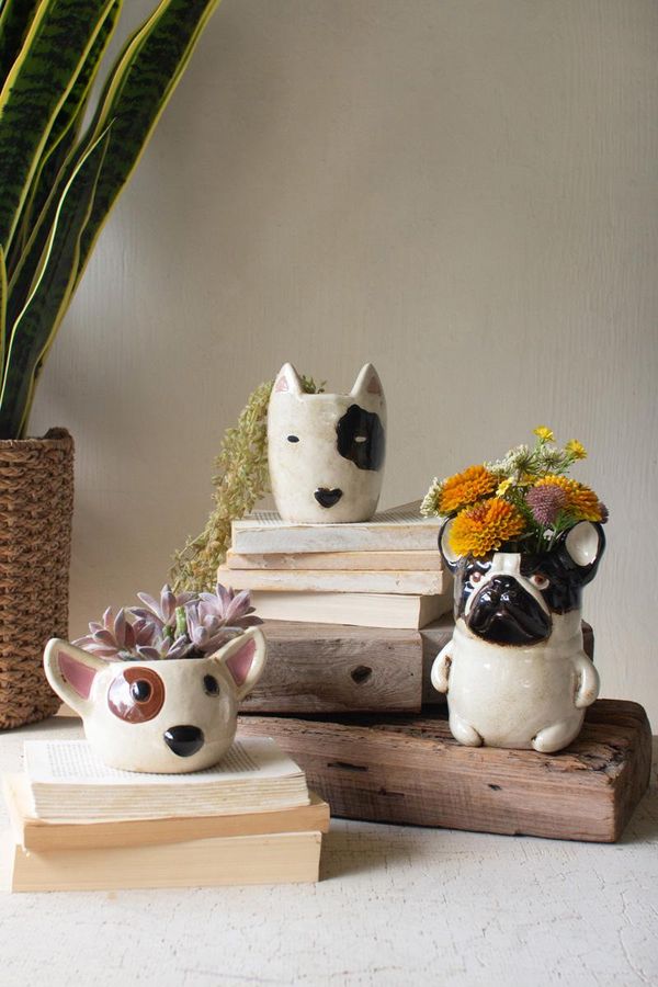 Set of 2 Ceramic Black and White Dog Head Planters