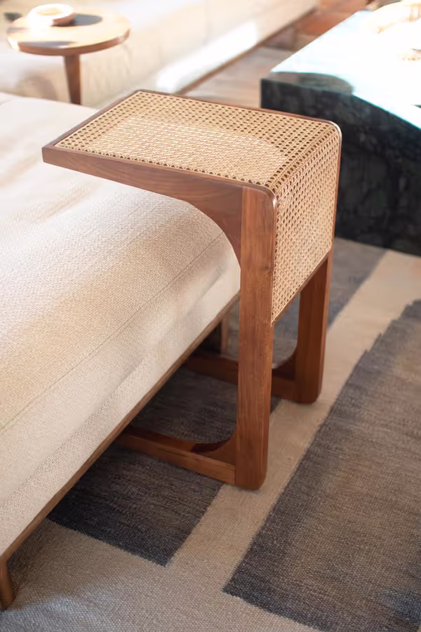 Wood Sofa Table with Woven Cane Detail