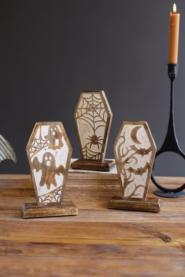 Set of 3 Carved Wooden Halloween Coffin Scenes