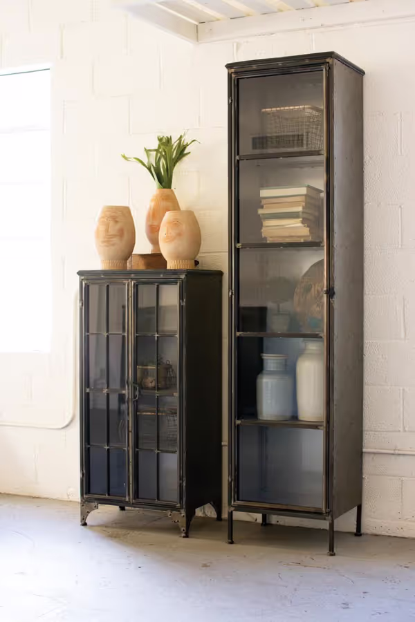 Tall Iron and Glass Apothecary Cabinet