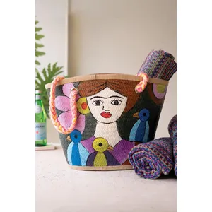 Girl with Blue Birds Hand-Painted Seagrass Bag 1
