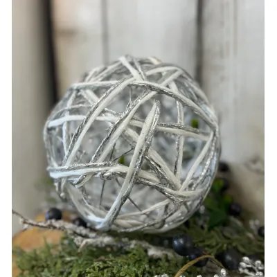 Silver and White Rattan Ball 6in