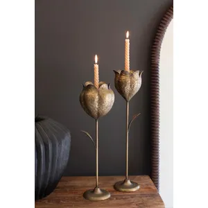 Set of 2 Antique Brass Tulip Taper Candle Holders 1