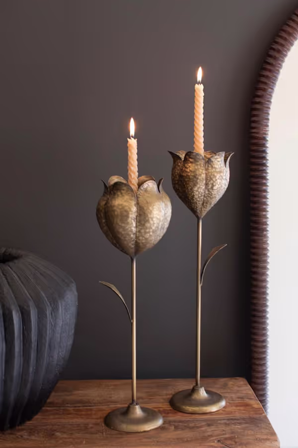 Set of 2 Antique Brass Tulip Taper Candle Holders