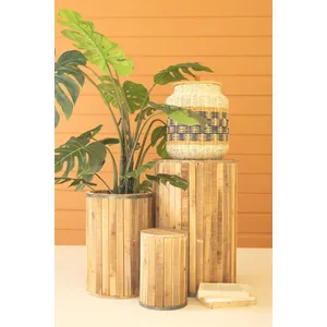 Set of 3 Round Recycled Wood Pedestals with Metal Trim Detail 7