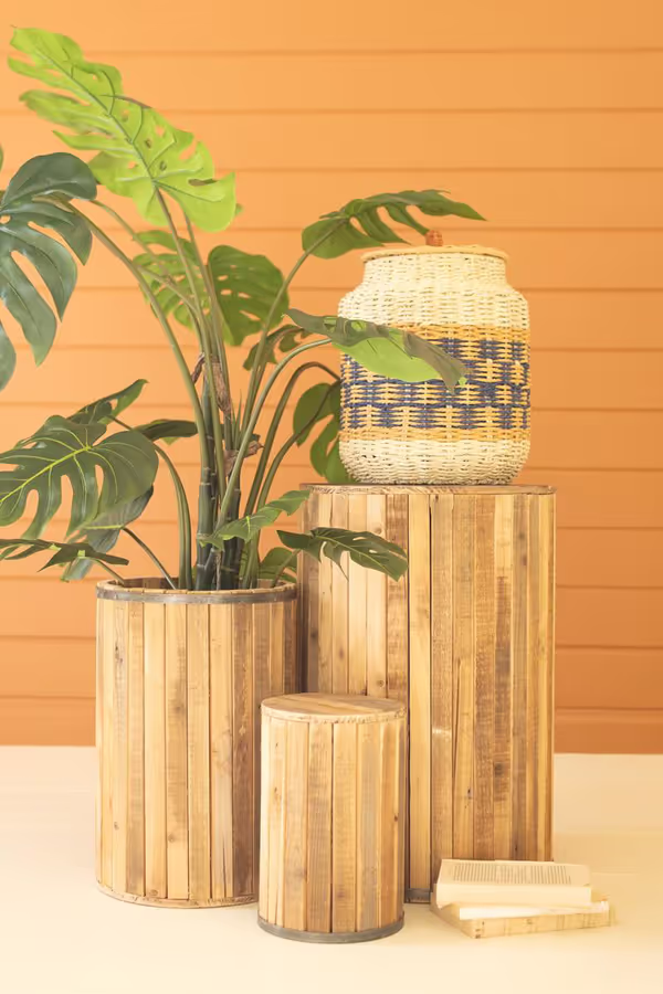 Set of 3 Round Recycled Wood Pedestals with Metal Trim Detail