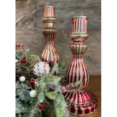 Small Candy Striped Glass Taper Holder 4x9in