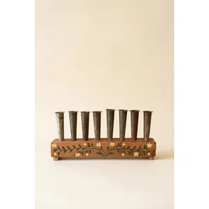 Eight Metal Bud Vases with Hand-Painted Wooden Base 4