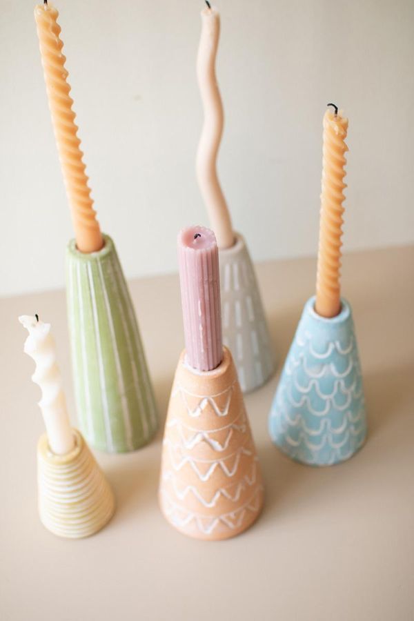 Set of 5 Painted Clay Party Hat Candle Taper Holders