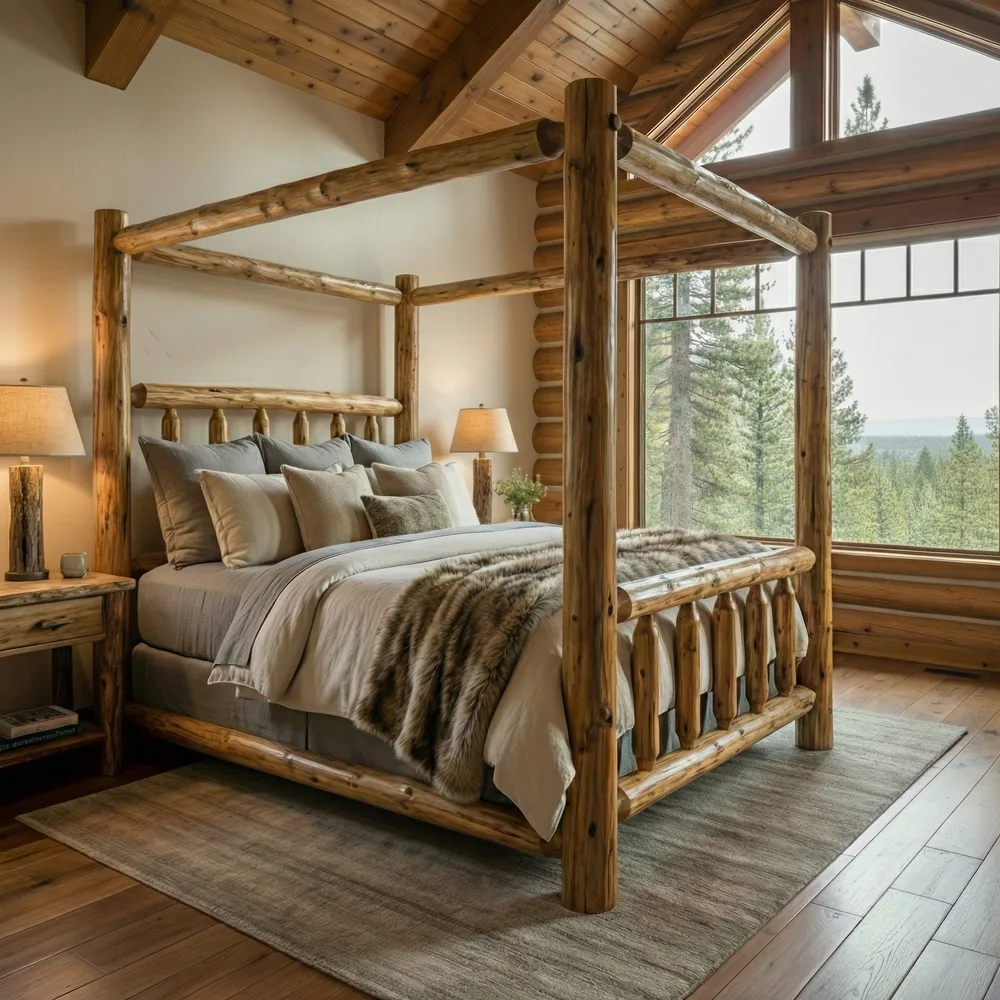Cedar Log Canopy Bed - King - Weathered