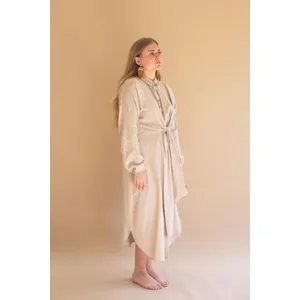Long-Sleeve Button-Front Dress with Front-Tie Detail / Oatmeal 4