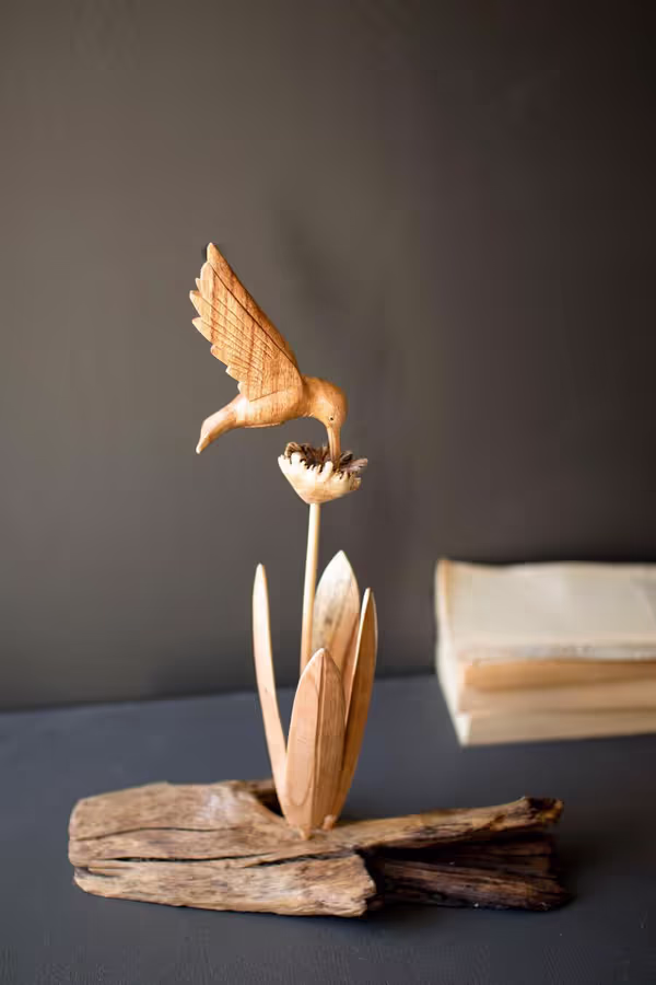 Repurposed Wood Sculpture with Hand-Carved Humming Bird