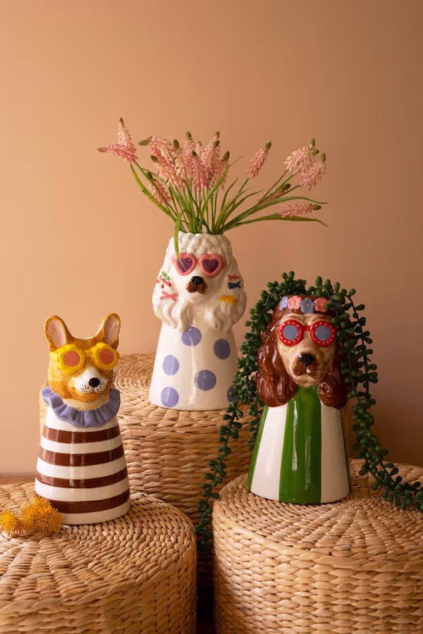 Set of 3 Ceramic Dogs with Sunnies Vases