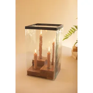 Large Glass Hurricane with a Four Taper Holder Wood Base 1