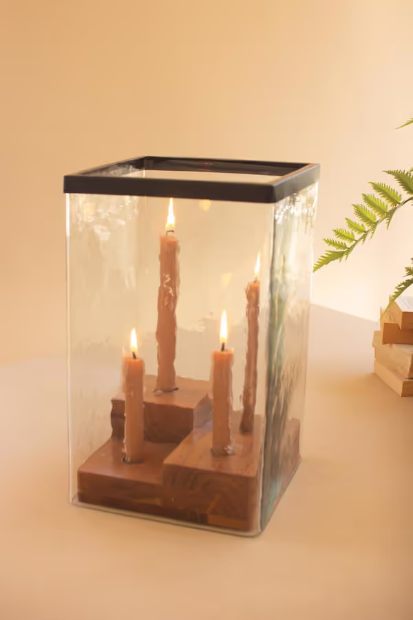 Large Glass Hurricane with a Four Taper Holder Wood Base