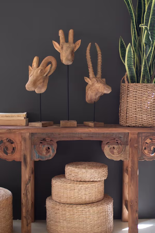 Set of 3 Carved Mango Wood African Animal Heads