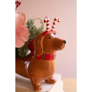 Ceramic Christmas Dachshund Planter with a Candy Cane Headband 3