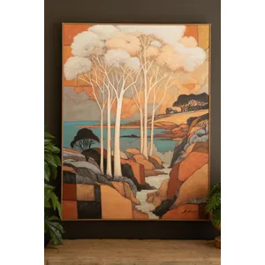 Framed Landscape with White Trees Painting 1