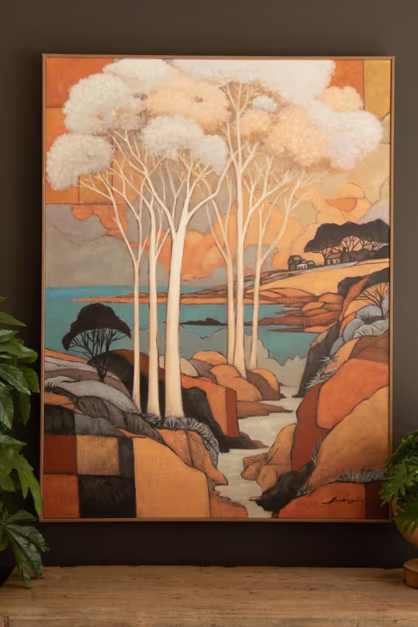 Framed Landscape with White Trees Painting