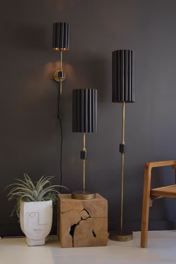 Antique Gold Table Lamp with Fluted Black Metal Shade