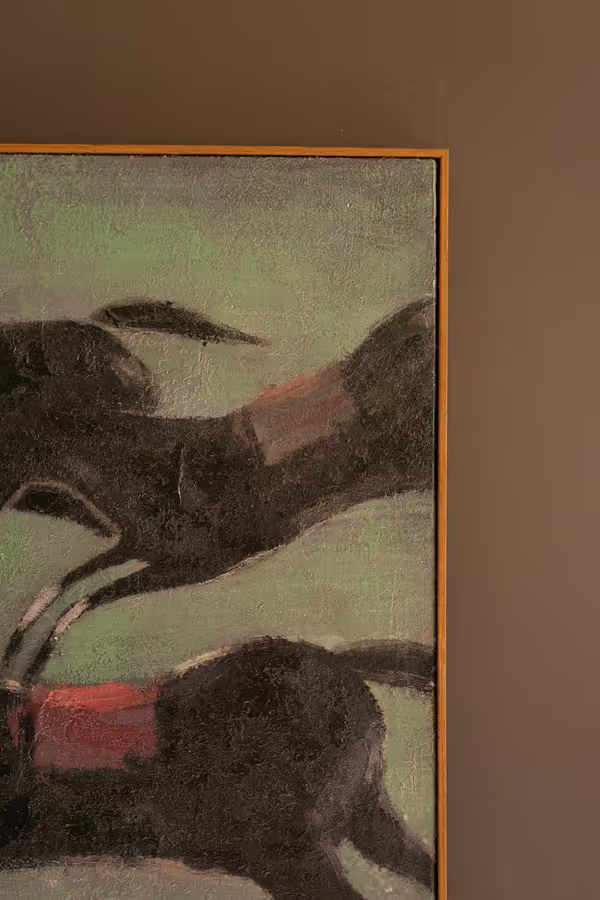 Framed Four Runaway Race Horses Painting