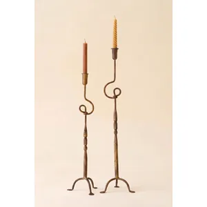 Set of 2 Forged-Iron Antique Brass Loops Taper Candle Holders 3