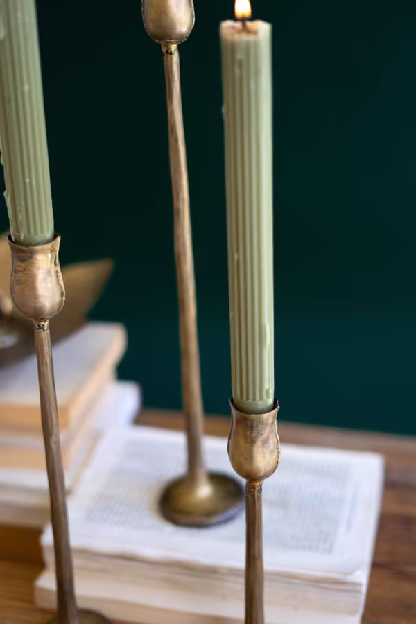 Set of 3 Antique Brass Finish Metal Taper Candle Holders