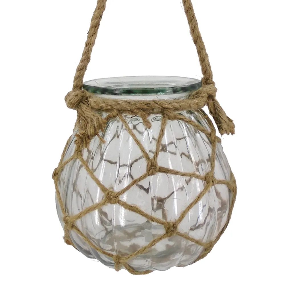 7" CLEAR GLASS JUG W/ROPE NET