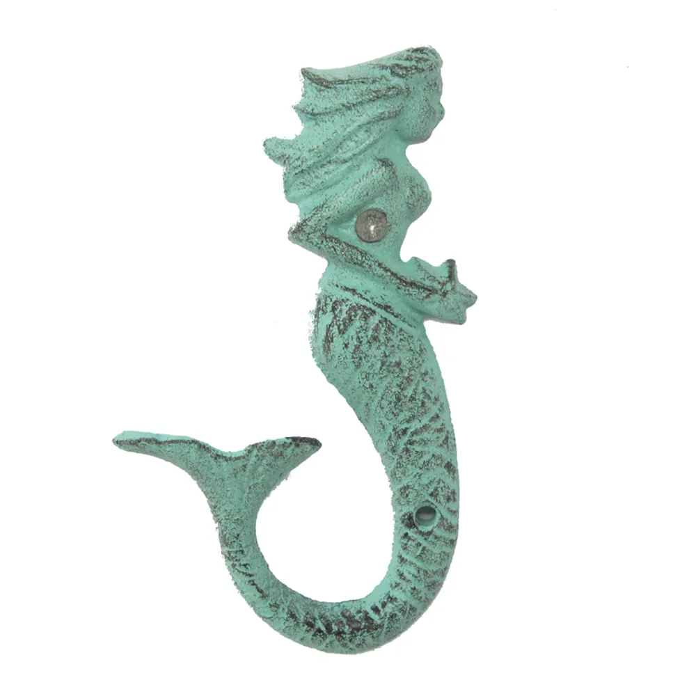 6" GREEN CAST IRON MERMAID WALL HOOK