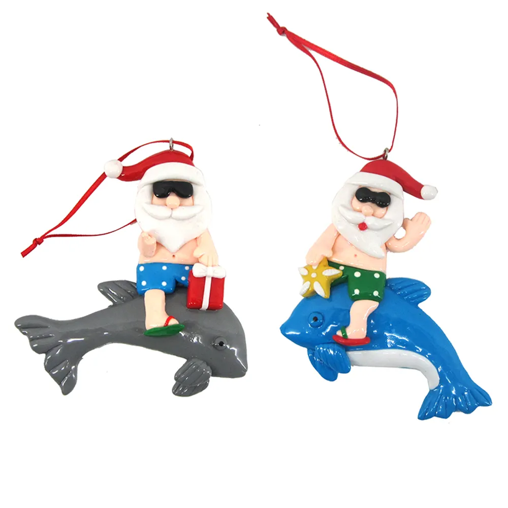 4-1/4" SANTA W/DOLPHIN ORNAMENT 2-ASST