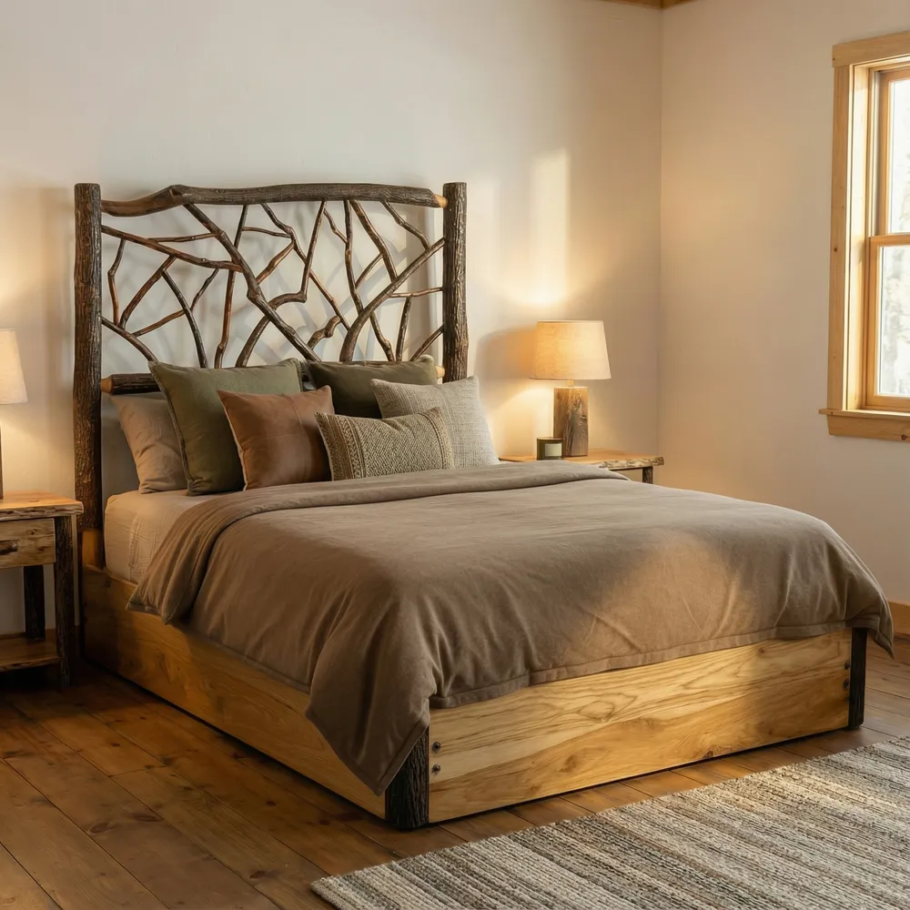 Hickory Log Twig Platform Bed - Queen - Slate