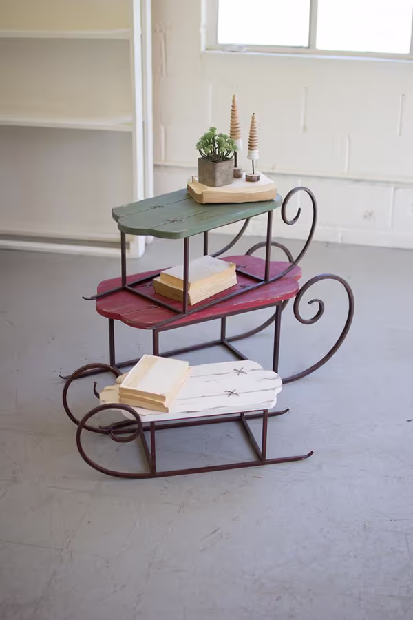 Set of 3 Painted Wood and Metal Sleighs