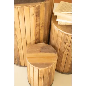 Set of 3 Round Recycled Wood Pedestals with Metal Trim Detail 3