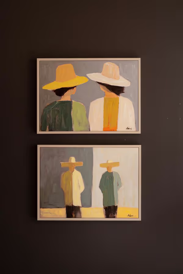 Set of 2 Framed Men and Women in Hats Paintings