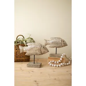Set of 2 Carved Recycled Wooden Fish on Stands 1