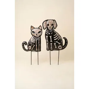 Set of 2 Hand-Hammered Painted Metal Cat and Dog Skeleton Yard Stakes 4