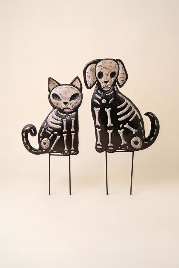 Set of 2 Hand-Hammered Painted Metal Cat and Dog Skeleton Yard Stakes