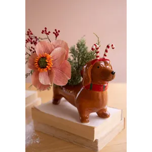 Ceramic Christmas Dachshund Planter with a Candy Cane Headband 5