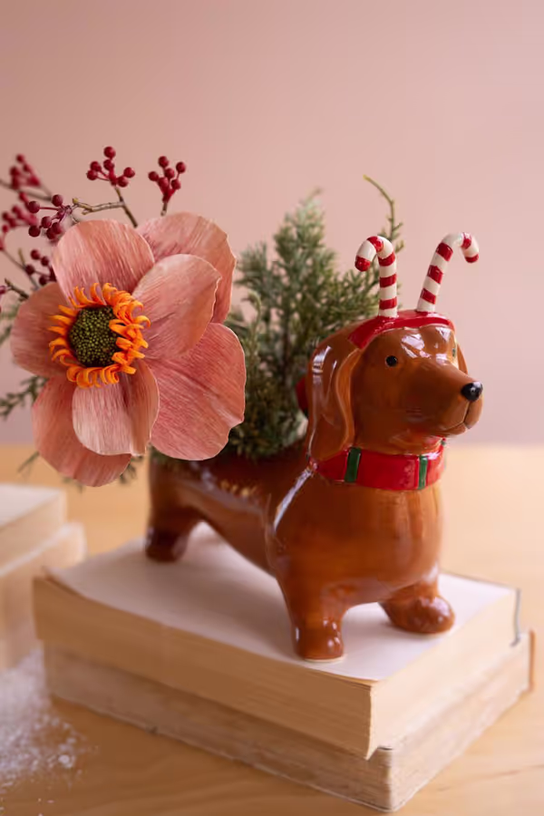 Ceramic Christmas Dachshund Planter with a Candy Cane Headband
