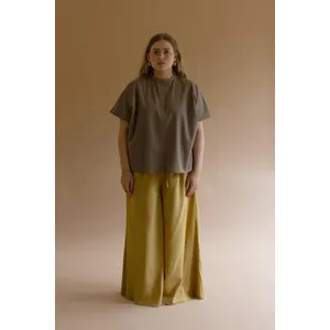High-Neck Buttondown Short-Sleeve Blouse - Mocha 3