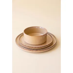 Set of 3 Khaki Ceramic Dinner Plate, Salad Plate and Bowl with Ridges 4