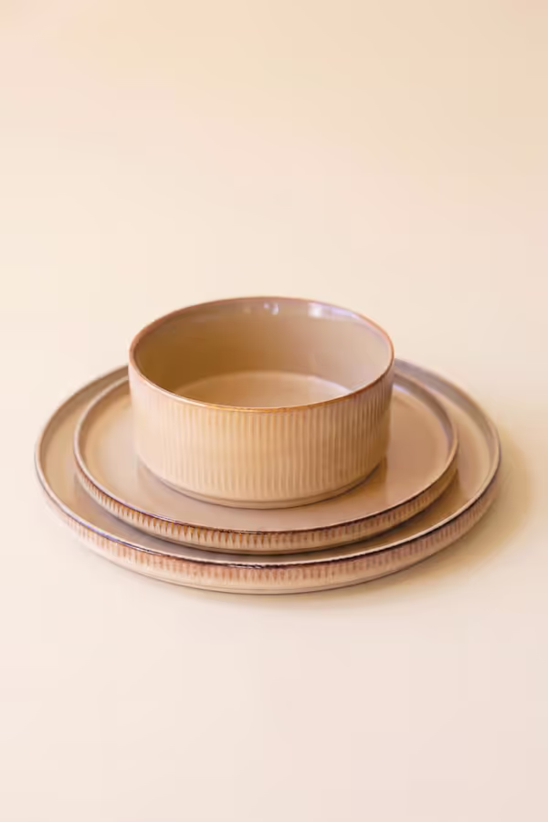 Set of 3 Khaki Ceramic Dinner Plate, Salad Plate and Bowl with Ridges