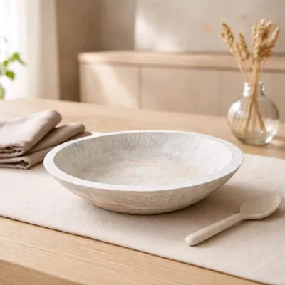 White Washed Wooden Bowl 10x10x2.5in