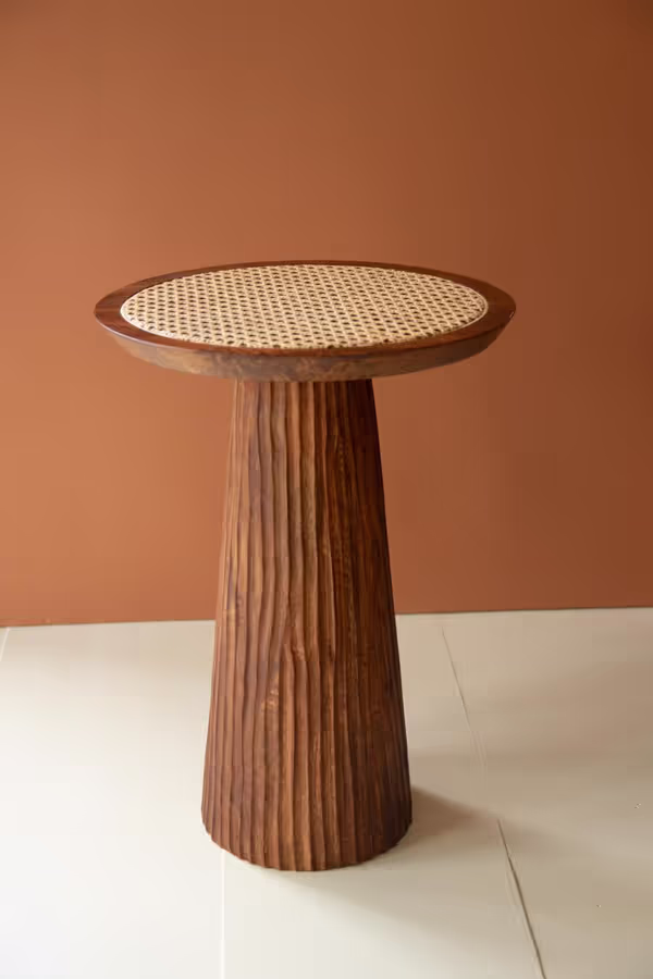 Round Wooden Side Table with Woven Cane Top