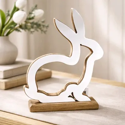 White Enamel Hollow Wooden Bunny 10.5x8in