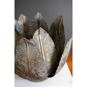 Antique Brass Metal Leaf Base with Glass Hurricane 3
